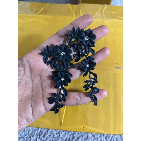 black flower earrings big rhinestone rose metal long wedding party  vine - Picture 4 of 4